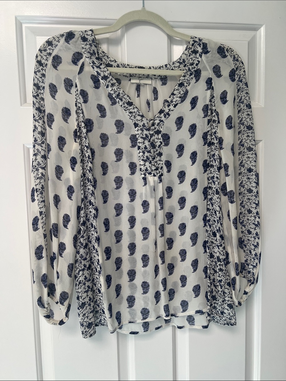 Joie White and Navy Printed V-Neck Blouse